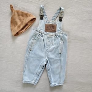 Vintage Guess Leather Patch Clip Overalls 6 months